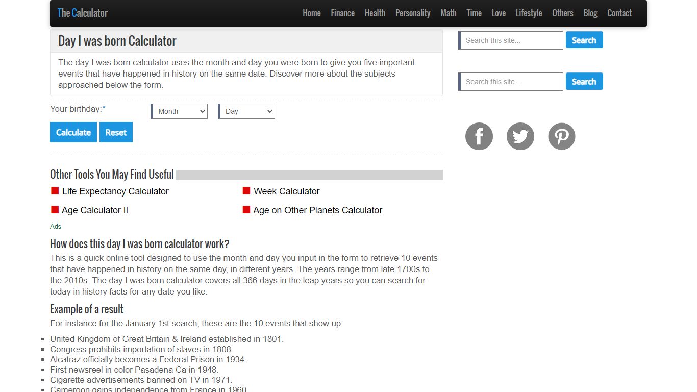 Day I was born Calculator